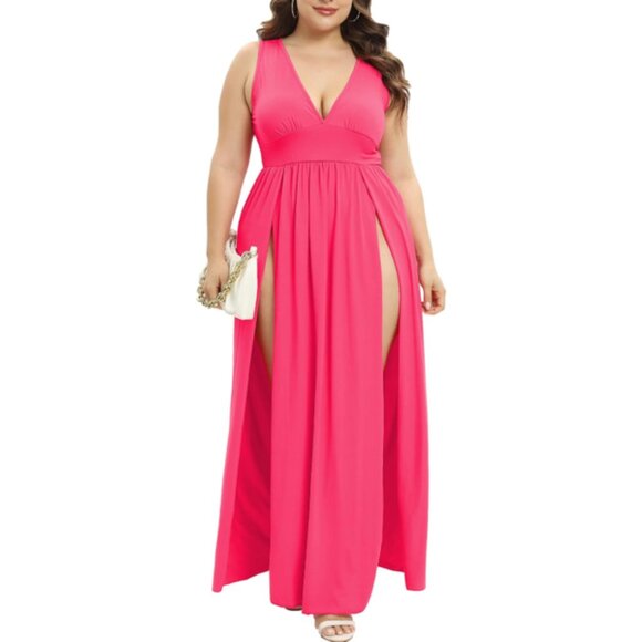 SILUI Women's Summer 2025 Sexy Double High Slit Deep V Neck Plus Size Sundresses - Picture 1 of 4
